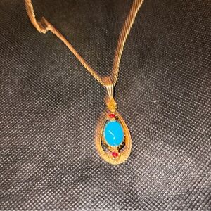 Vintage CELEBTITY gold tone pendant with chain - turquoise and red stones